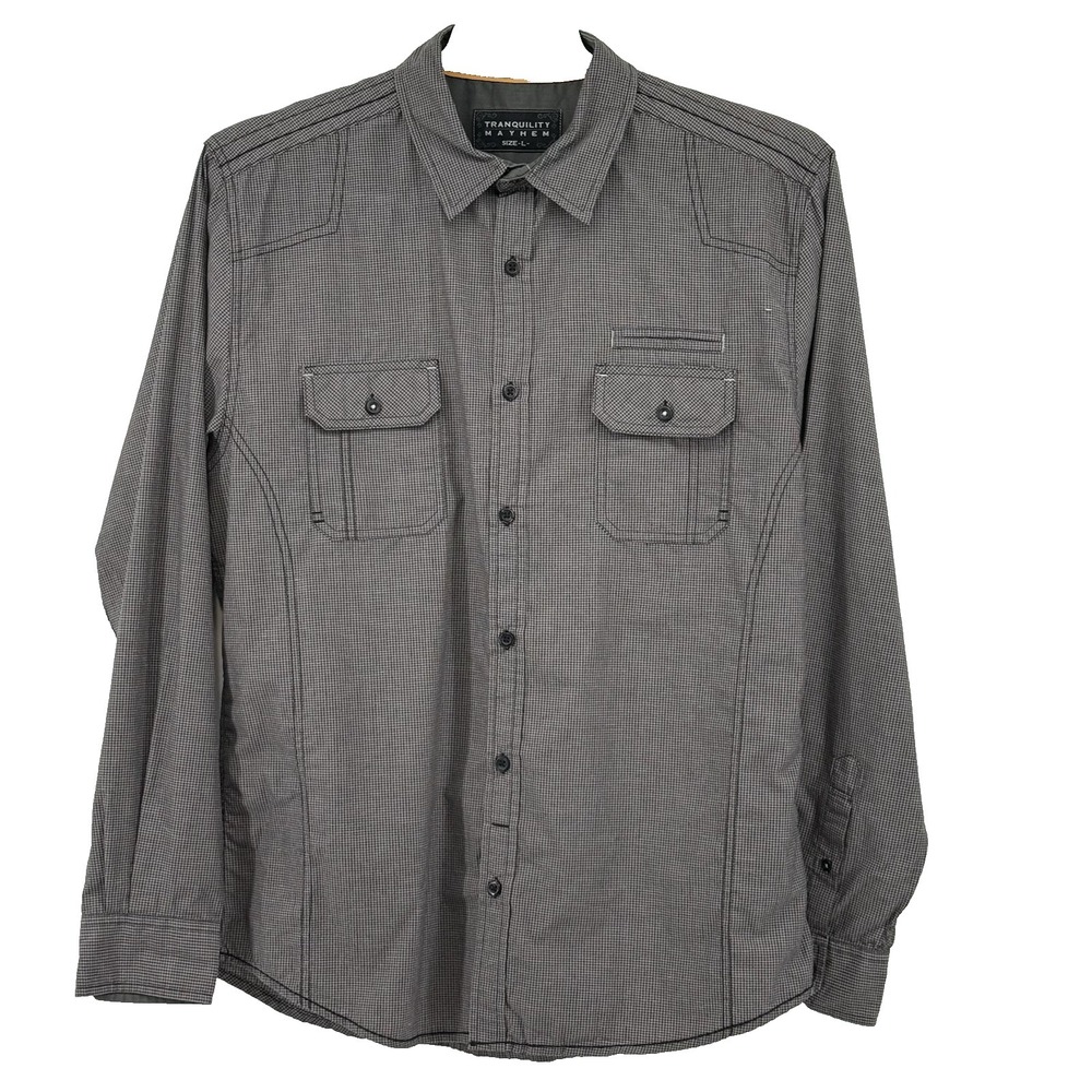 Tranquility Mayhem Men's L Button Down Shirt Gray and Black Checked Casual